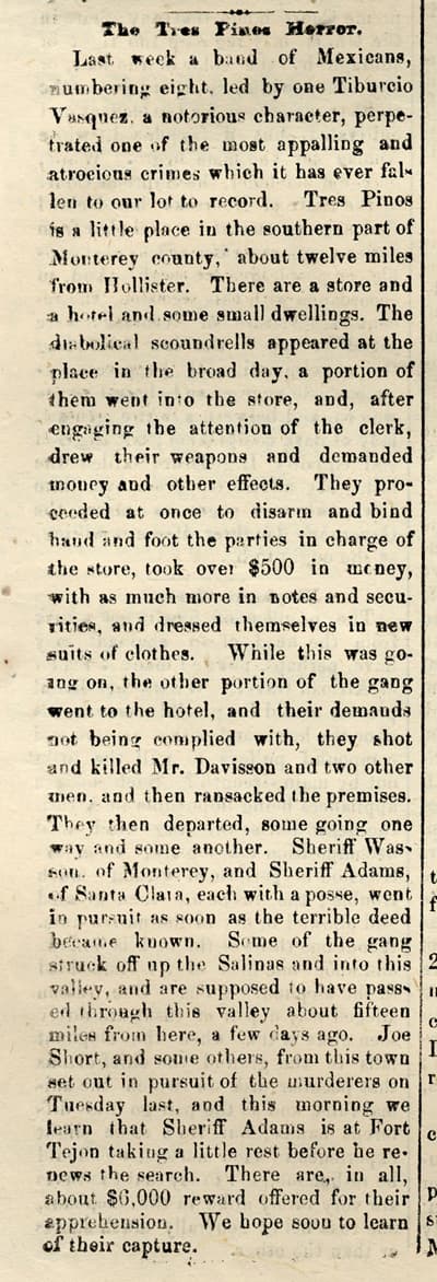 1873 Sep 4 Article Tres Pinos Southern Californian